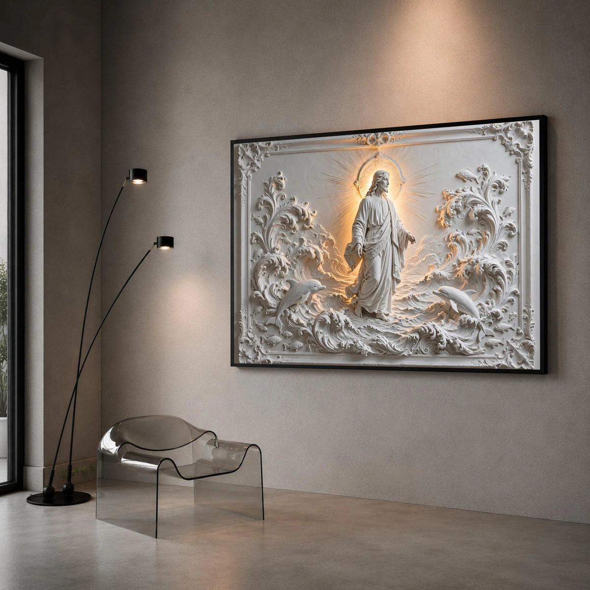 Radiant Jesus Figure with Dolphins and Waves Canvas, Spiritual Religious Wall Art, Illuminated Halo Home Decoration, Canvas Print Art