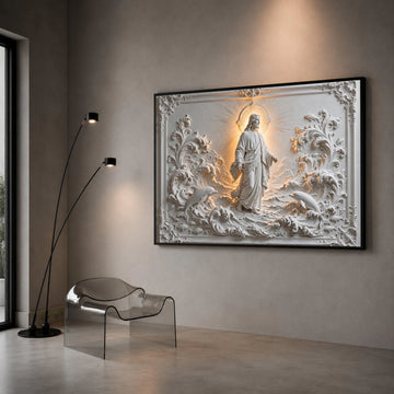 Radiant Jesus Figure with Dolphins and Waves Canvas, Spiritual Religious Wall Art, Illuminated Halo Home Decoration, Canvas Print Art