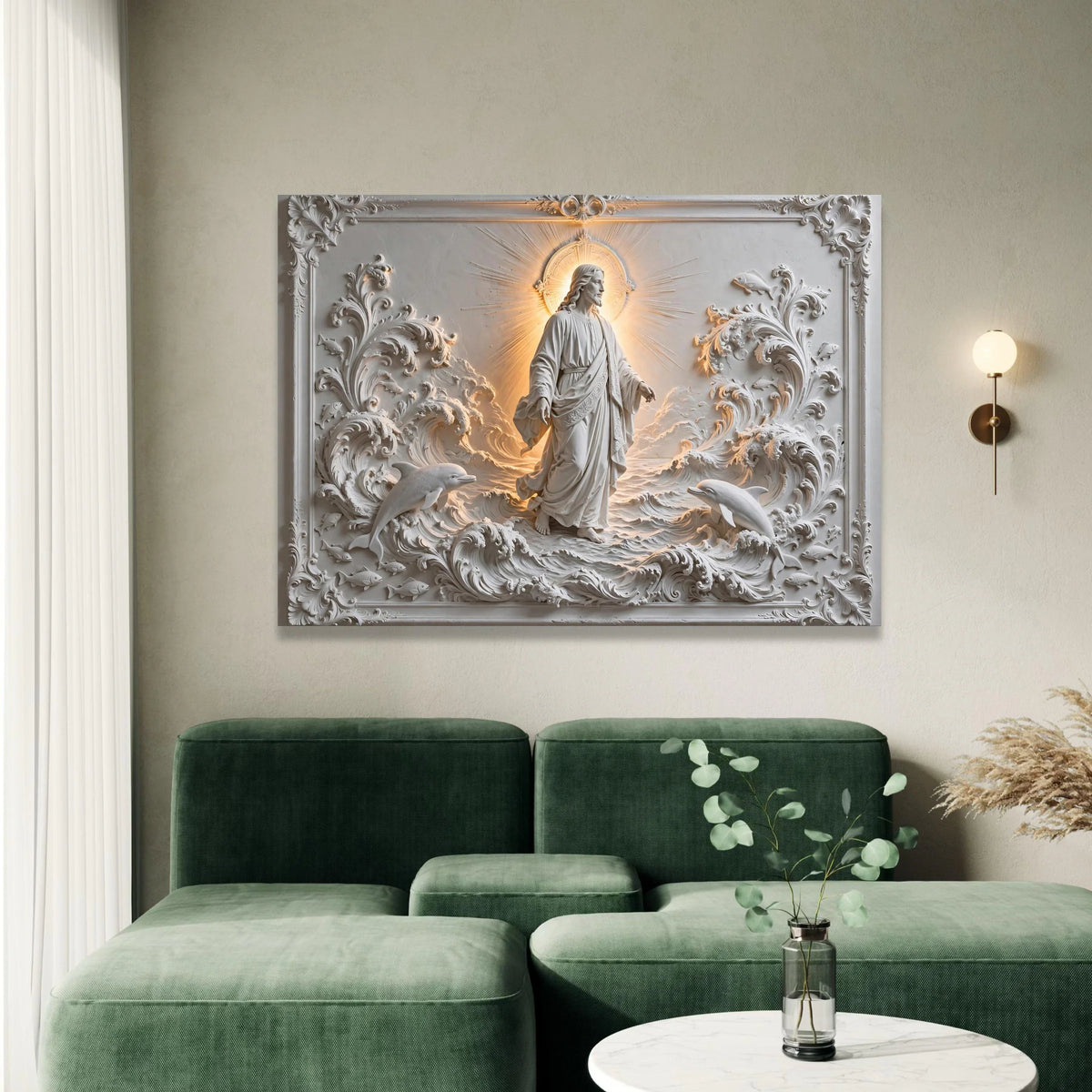 Radiant Jesus Figure with Dolphins and Waves Canvas, Spiritual Religious Wall Art, Illuminated Halo Home Decoration, Canvas Print Art