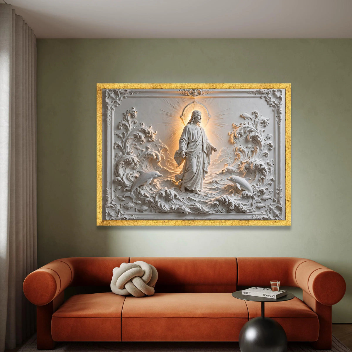 Radiant Jesus Figure with Dolphins and Waves Canvas, Spiritual Religious Wall Art, Illuminated Halo Home Decoration, Canvas Print Art