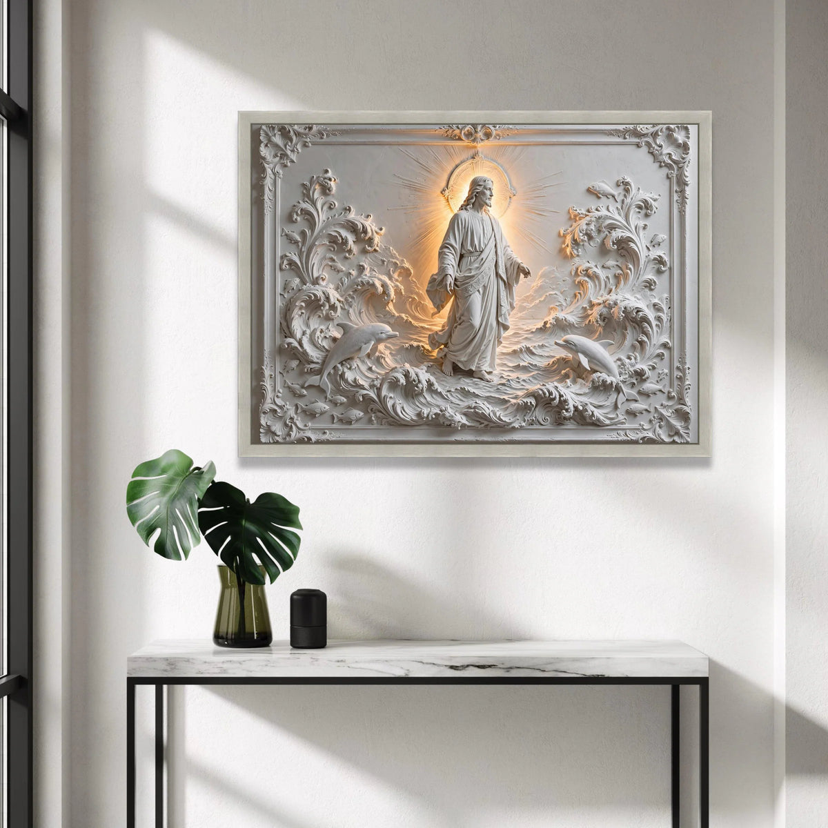 Radiant Jesus Figure with Dolphins and Waves Canvas, Spiritual Religious Wall Art, Illuminated Halo Home Decoration, Canvas Print Art