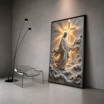Radiant Jesus Walking on Water Canvas, Religious Wall Art, Inspirational Cross Design, Spiritual Home Decor, Christian Canvas Print Art