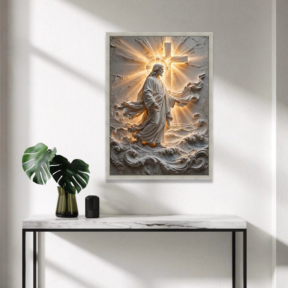 Radiant Jesus Walking on Water Canvas, Religious Wall Art, Inspirational Cross Design, Spiritual Home Decor, Christian Canvas Print Art