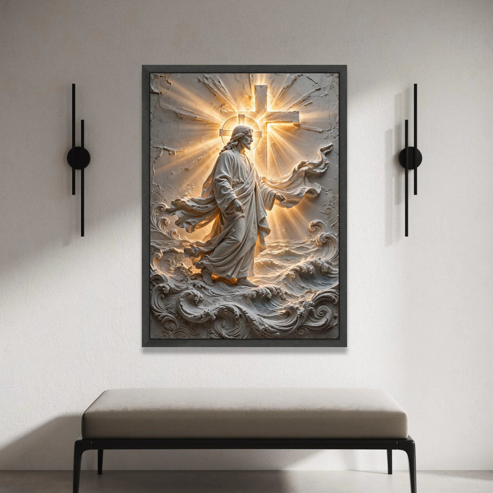 Radiant Jesus Walking on Water Canvas, Religious Wall Art, Inspirational Cross Design, Spiritual Home Decor, Christian Canvas Print Art