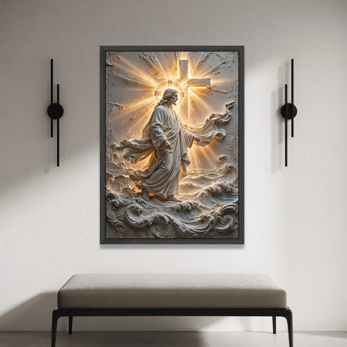 Radiant Jesus Walking on Water Canvas, Religious Wall Art, Inspirational Cross Design, Spiritual Home Decor, Christian Canvas Print Art