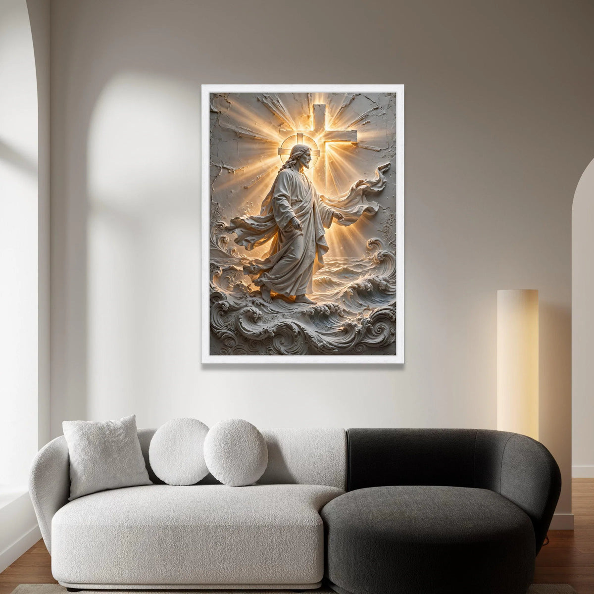 Radiant Jesus Walking on Water Canvas, Religious Wall Art, Inspirational Cross Design, Spiritual Home Decor, Christian Canvas Print Art