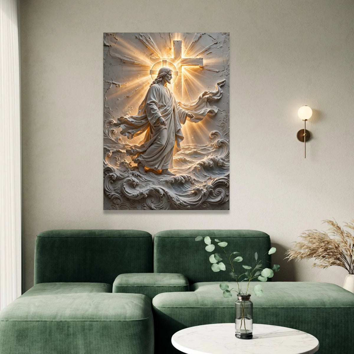 Radiant Jesus Walking on Water Canvas, Religious Wall Art, Inspirational Cross Design, Spiritual Home Decor, Christian Canvas Print Art