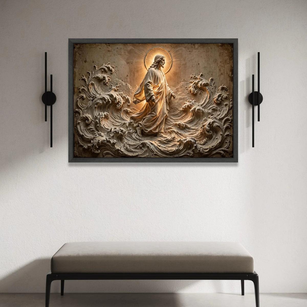 Jesus Walking on Water Canvas, Religious Wall Art, Spiritual Christian Decor, Sacred Figure Canvas, Divine Light Home Canvas Print Art