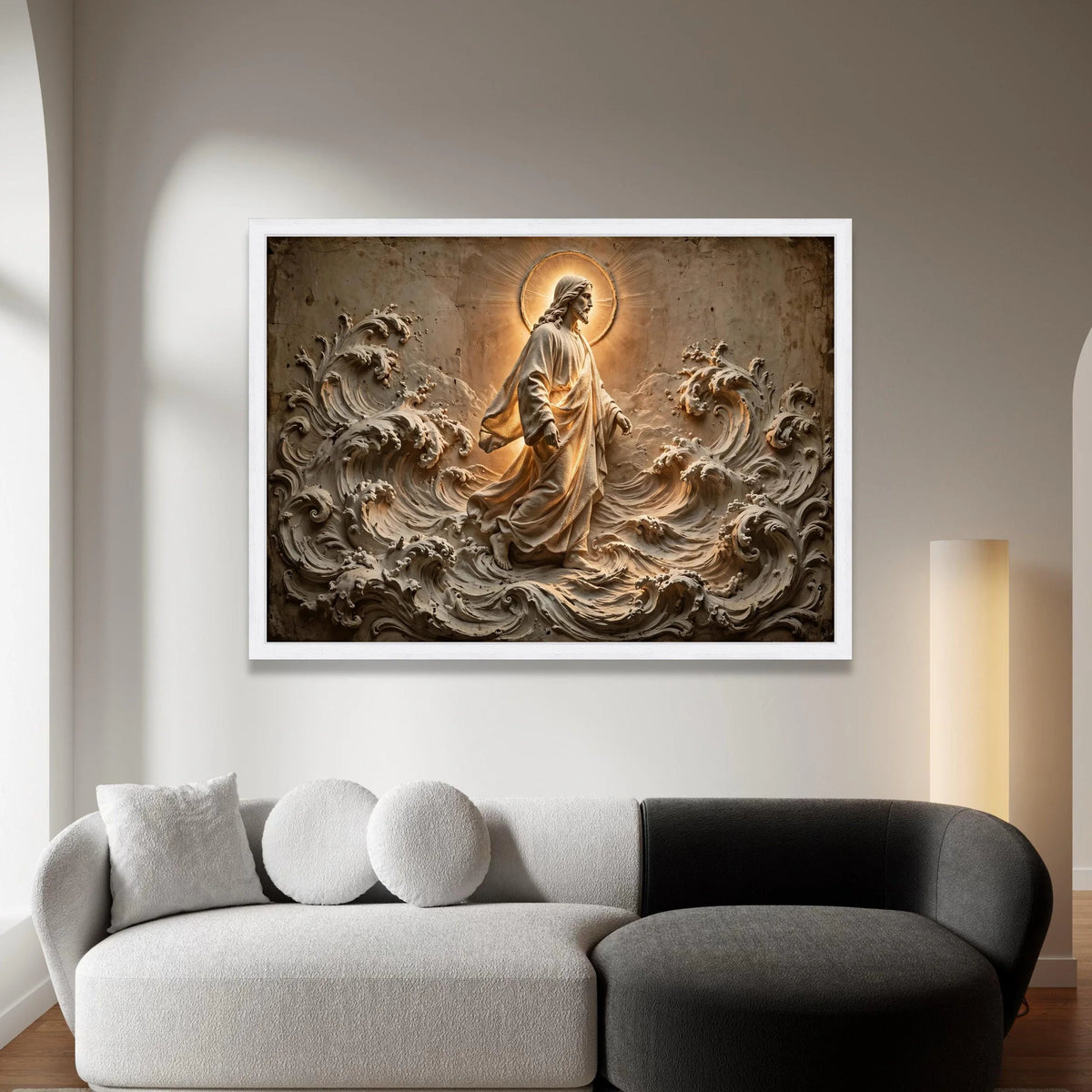 Jesus Walking on Water Canvas, Religious Wall Art, Spiritual Christian Decor, Sacred Figure Canvas, Divine Light Home Canvas Print Art