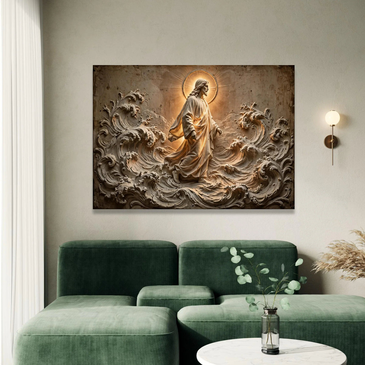 Jesus Walking on Water Canvas, Religious Wall Art, Spiritual Christian Decor, Sacred Figure Canvas, Divine Light Home Canvas Print Art