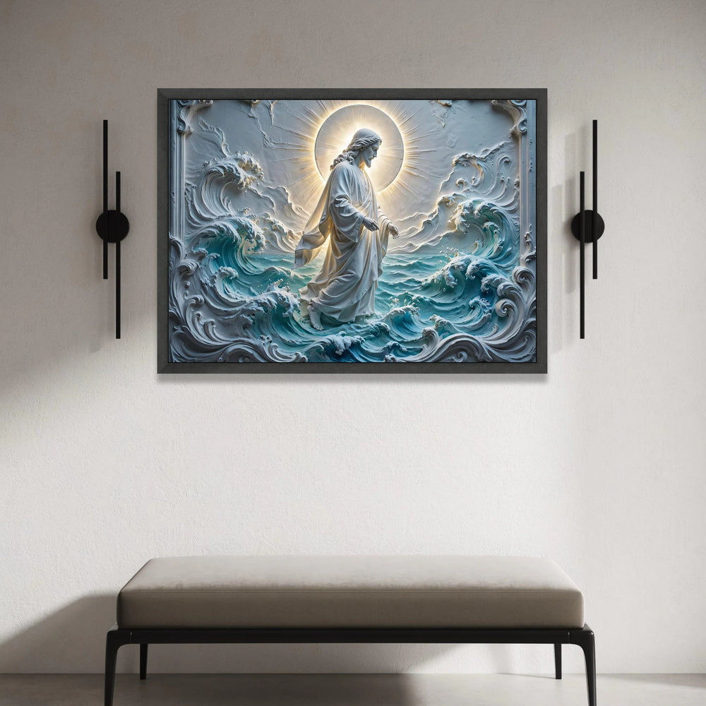 Jesus Walking on Water Canvas, Spiritual Religious Wall Art, Sacred Christian Decor, Halo Light Canvas, Ocean Wave Canvas Canvas Print Art