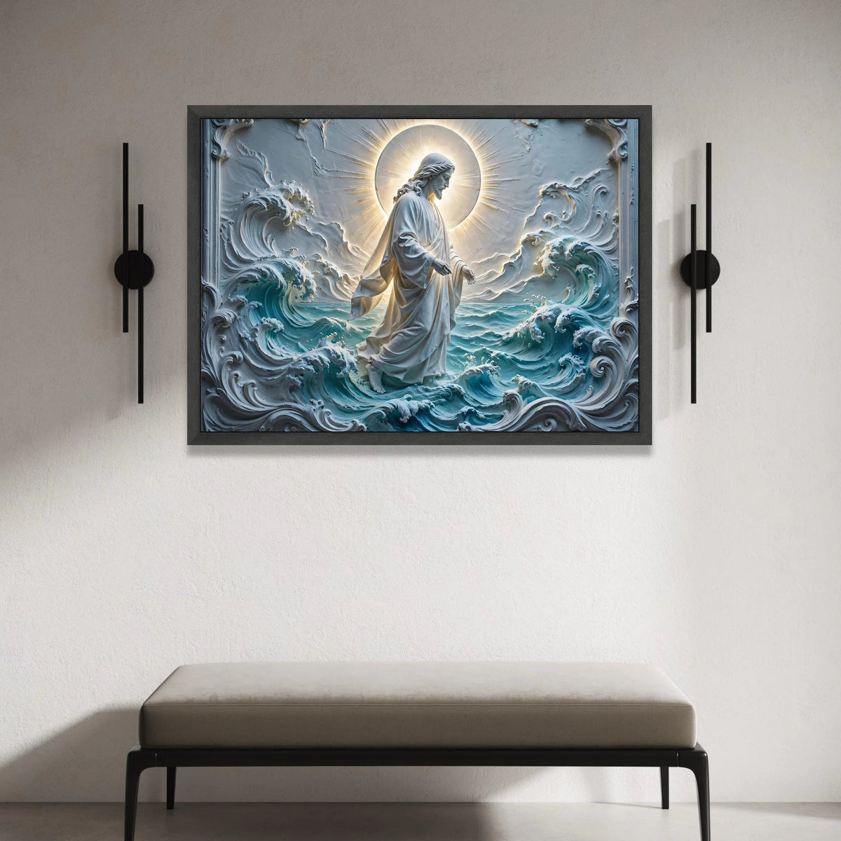 Jesus Walking on Water Canvas, Spiritual Religious Wall Art, Sacred Christian Decor, Halo Light Canvas, Ocean Wave Canvas Canvas Print Art