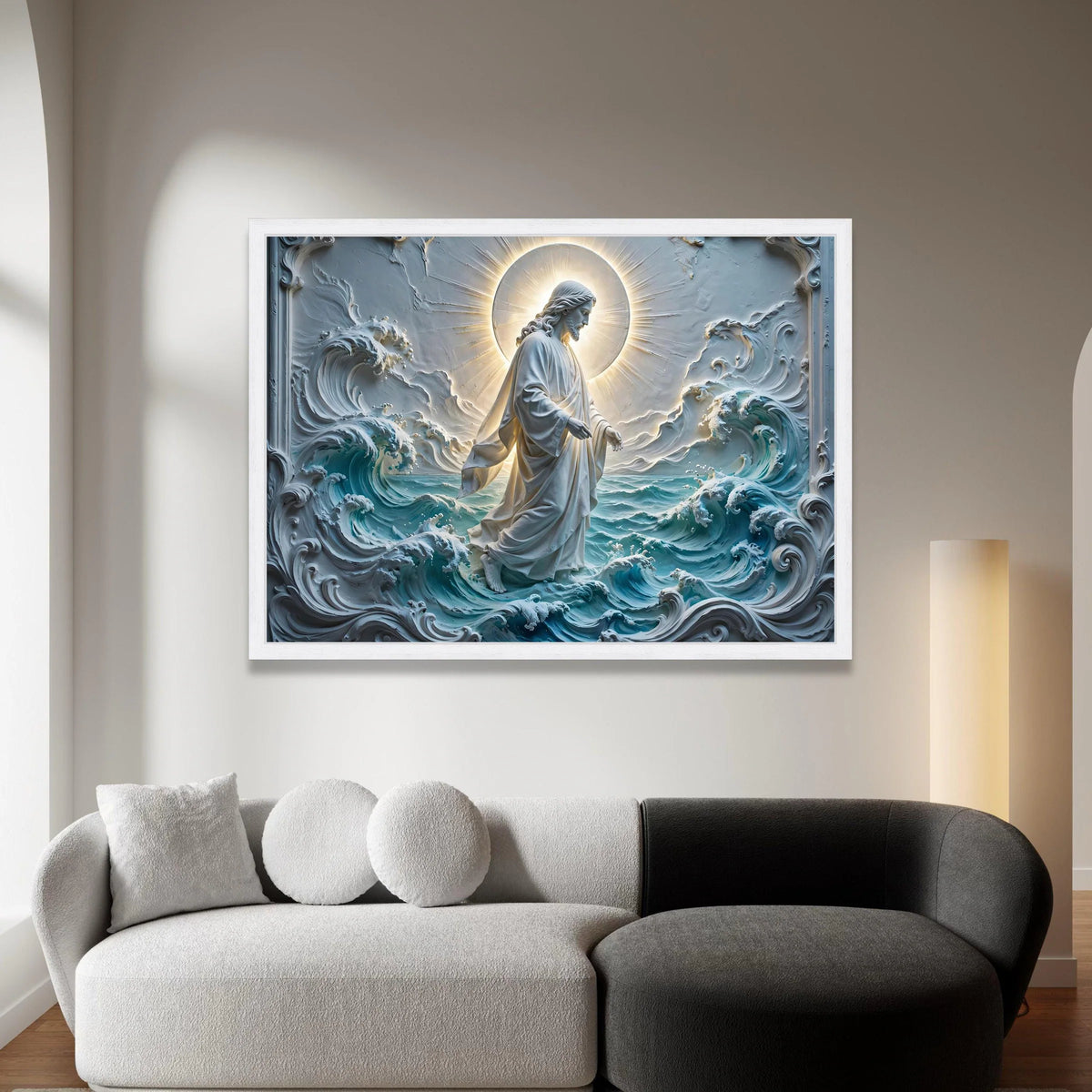 Jesus Walking on Water Canvas, Spiritual Religious Wall Art, Sacred Christian Decor, Halo Light Canvas, Ocean Wave Canvas Canvas Print Art