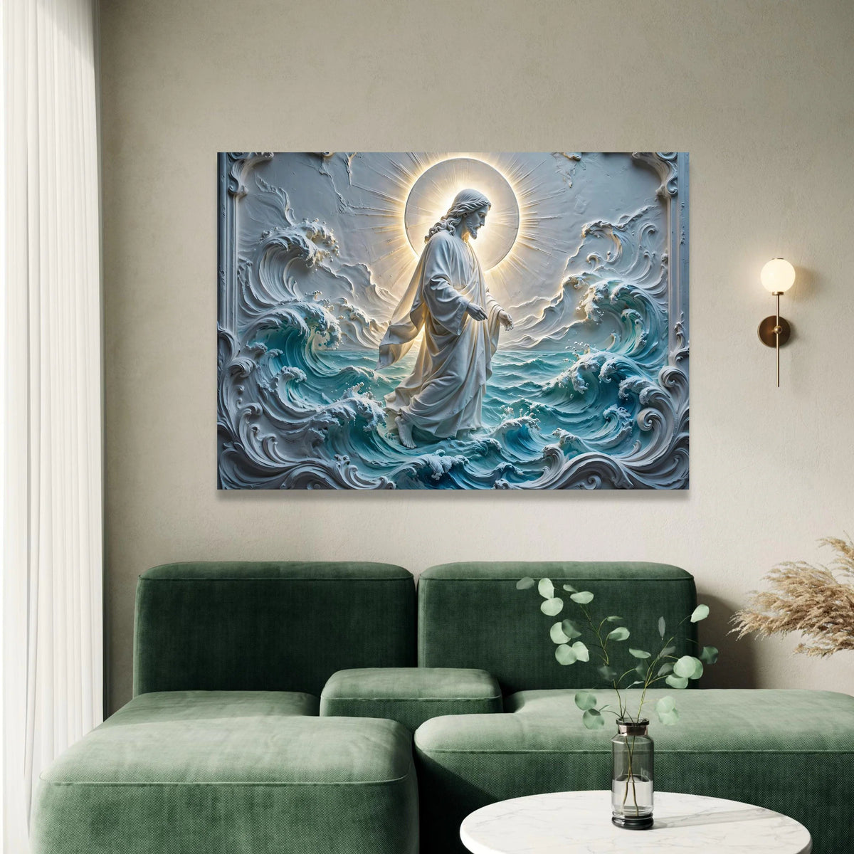 Jesus Walking on Water Canvas, Spiritual Religious Wall Art, Sacred Christian Decor, Halo Light Canvas, Ocean Wave Canvas Canvas Print Art