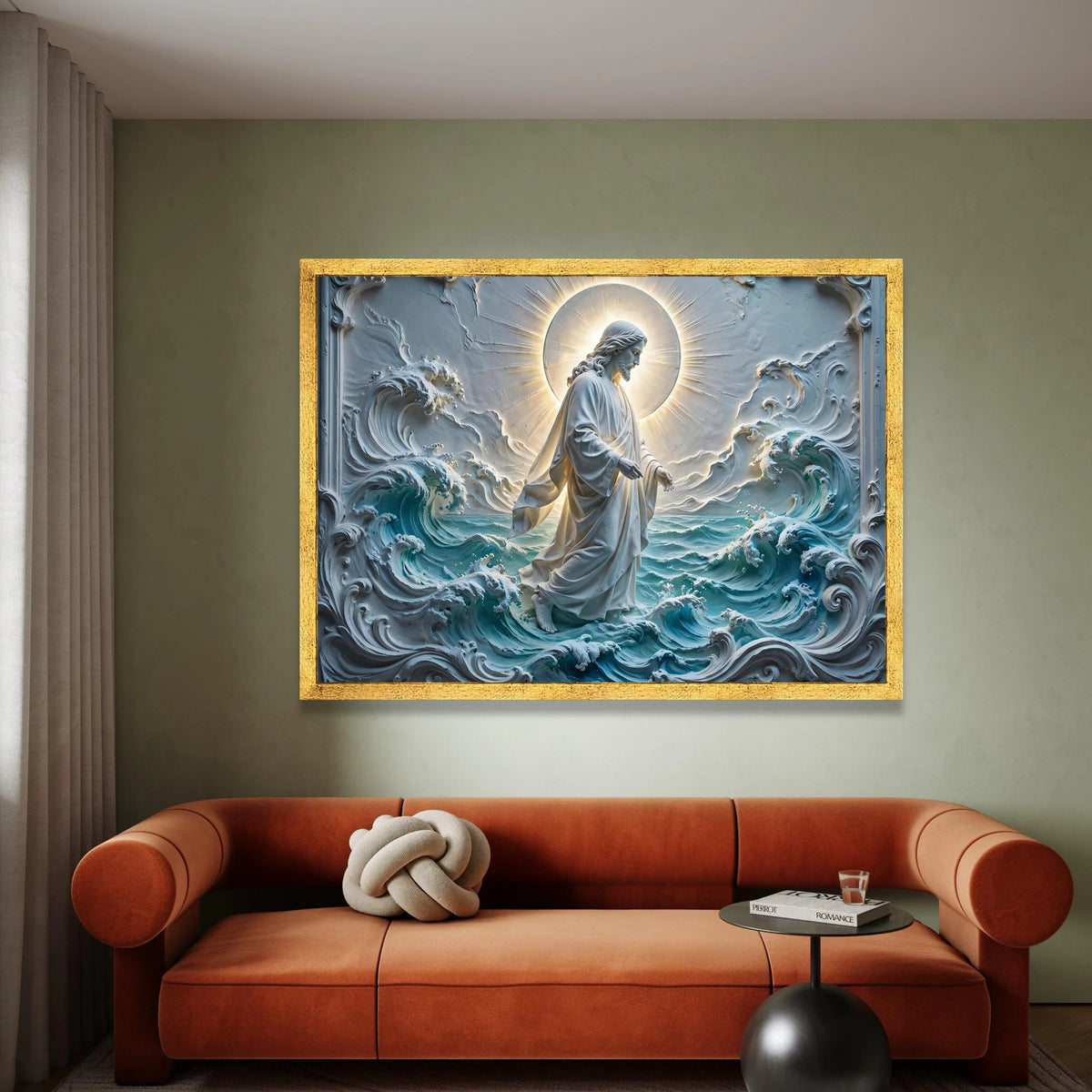 Jesus Walking on Water Canvas, Spiritual Religious Wall Art, Sacred Christian Decor, Halo Light Canvas, Ocean Wave Canvas Canvas Print Art