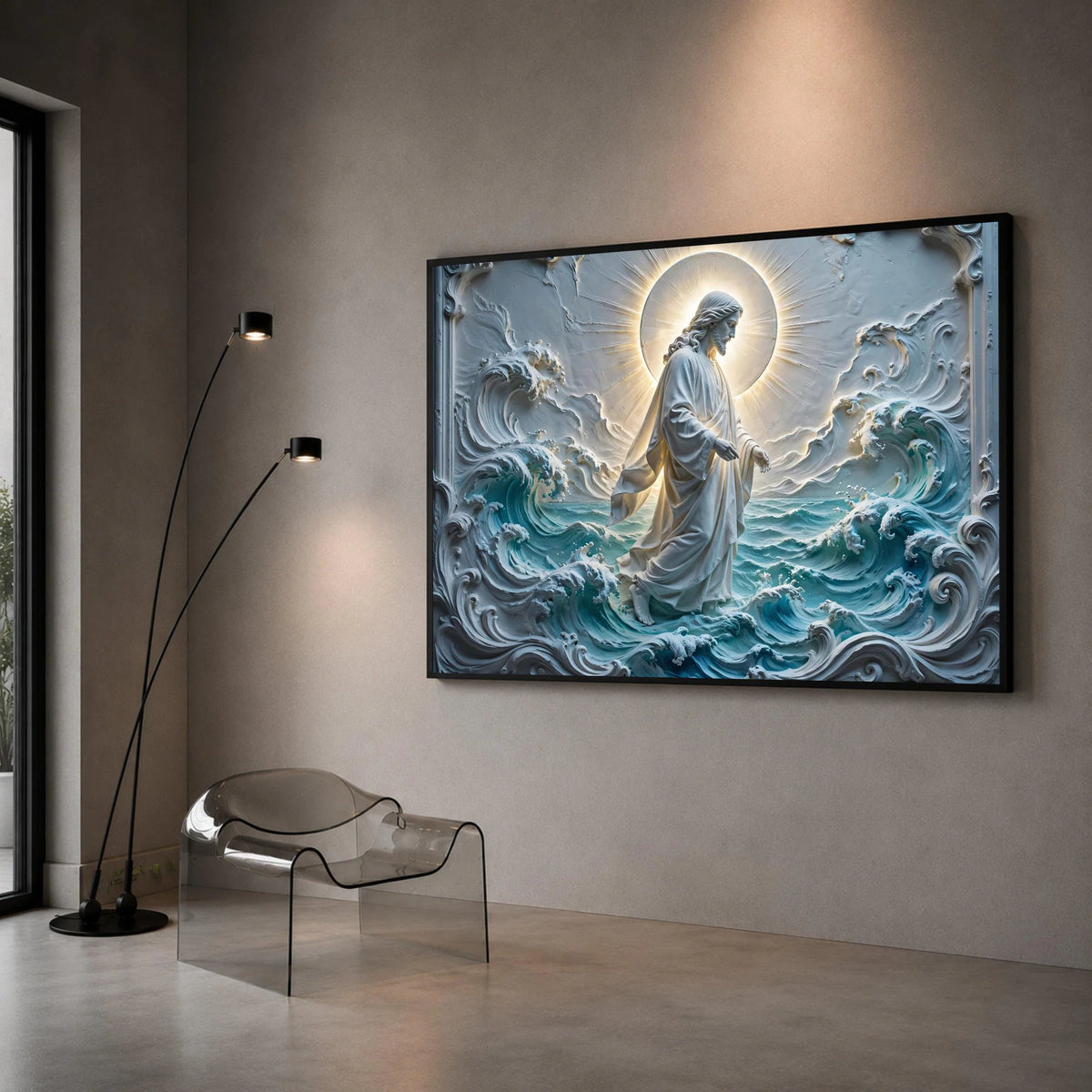 Jesus Walking on Water Canvas, Spiritual Religious Wall Art, Sacred Christian Decor, Halo Light Canvas, Ocean Wave Canvas Canvas Print Art