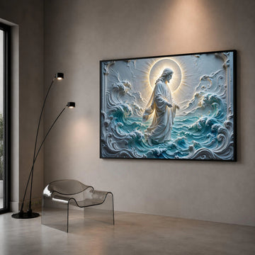 Jesus Walking on Water Canvas, Spiritual Religious Wall Art, Sacred Christian Decor, Halo Light Canvas, Ocean Wave Canvas Canvas Print Art
