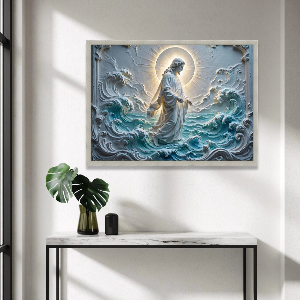 Jesus Walking on Water Canvas, Spiritual Religious Wall Art, Sacred Christian Decor, Halo Light Canvas, Ocean Wave Canvas Canvas Print Art