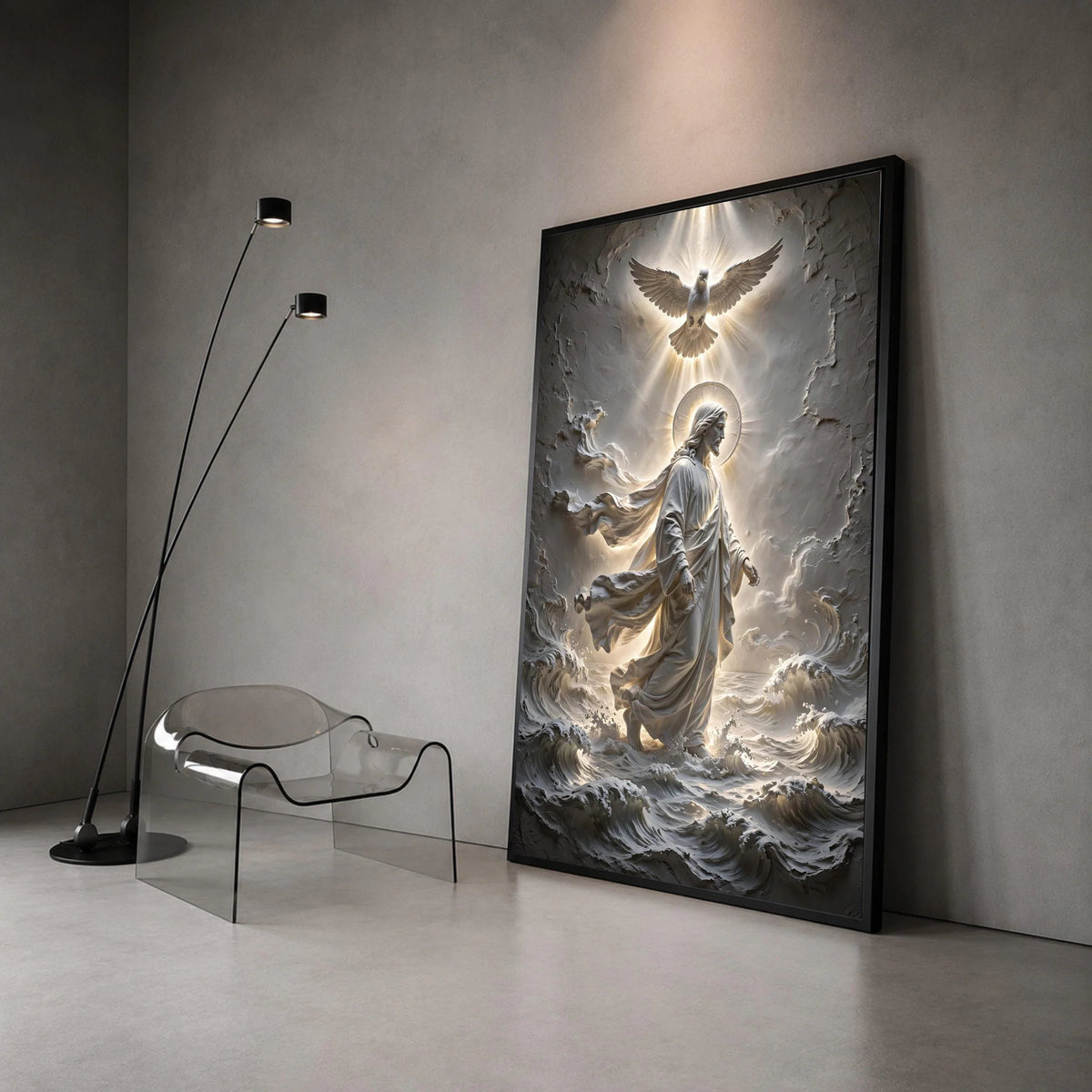 Jesus Walking on Water Canvas, Spiritual Christian Wall Art, Dove and Halo Light Canvas, Religious Home Decor, Canvas Print Art