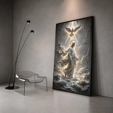 Jesus Walking on Water Canvas, Spiritual Christian Wall Art, Dove and Halo Light Canvas, Religious Home Decor, Canvas Print Art