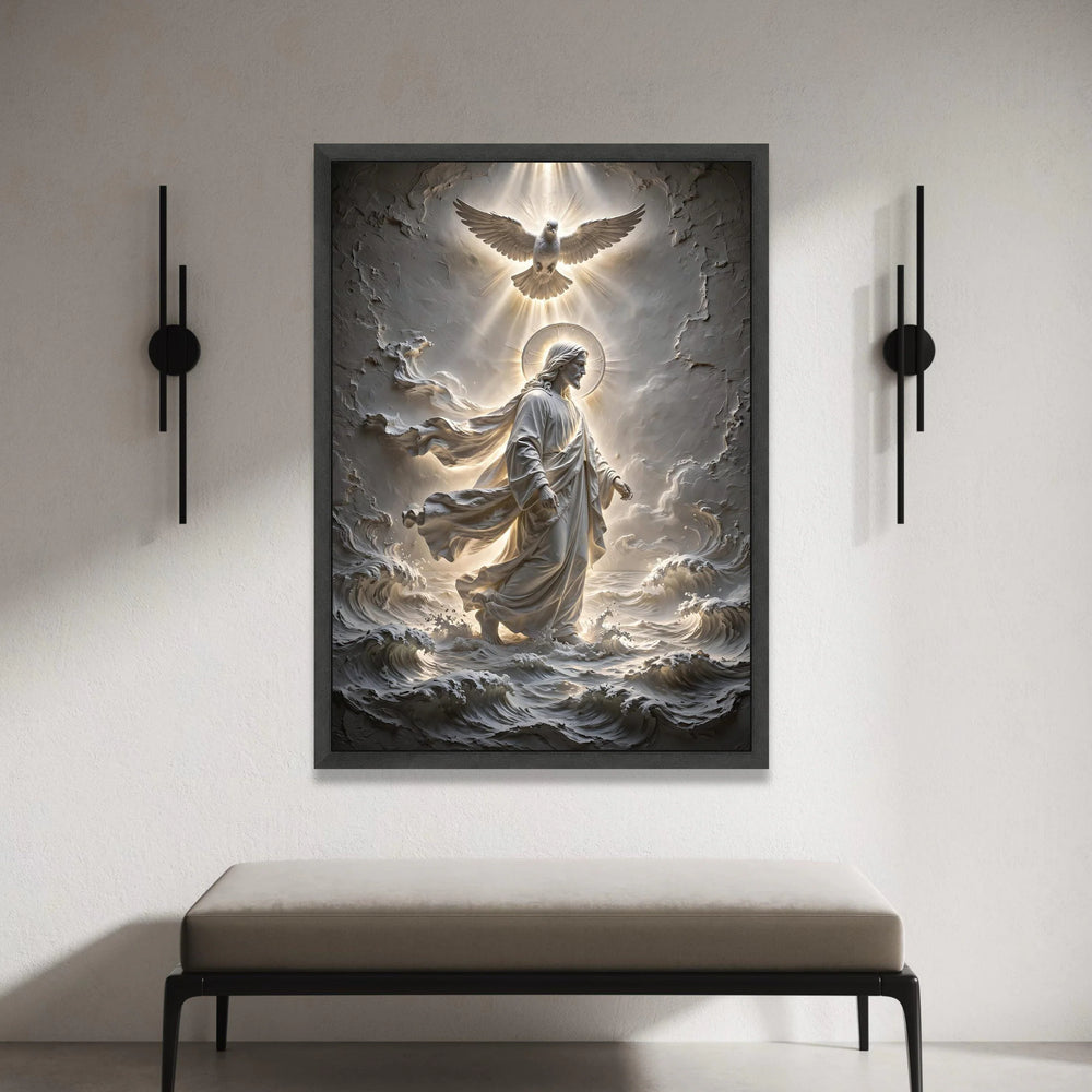 Jesus Walking on Water Canvas, Spiritual Christian Wall Art, Dove and Halo Light Canvas, Religious Home Decor, Canvas Print Art