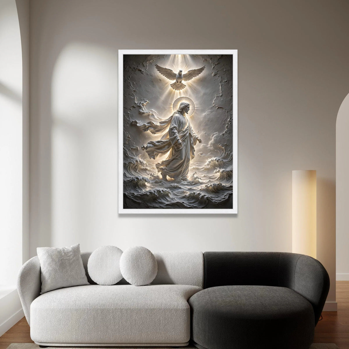 Jesus Walking on Water Canvas, Spiritual Christian Wall Art, Dove and Halo Light Canvas, Religious Home Decor, Canvas Print Art