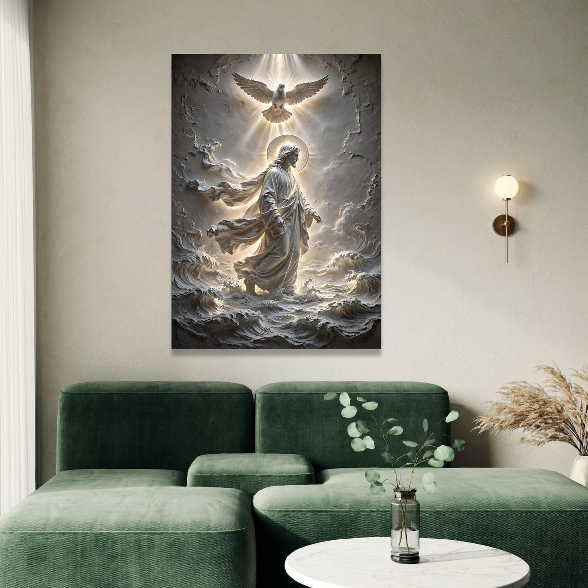 Jesus Walking on Water Canvas, Spiritual Christian Wall Art, Dove and Halo Light Canvas, Religious Home Decor, Canvas Print Art