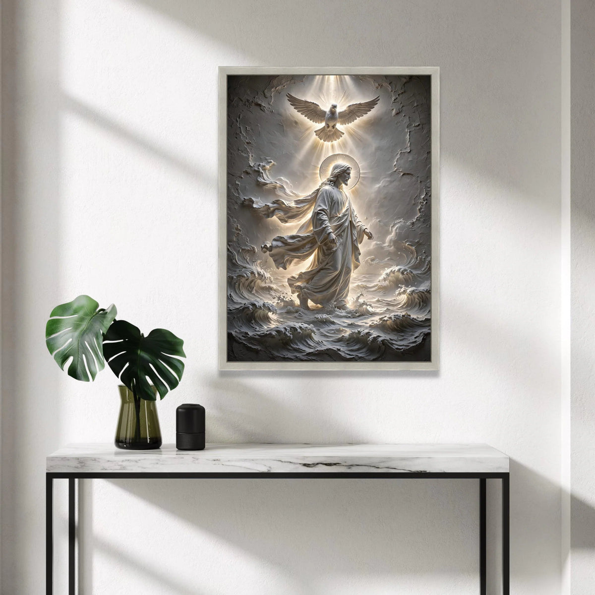 Jesus Walking on Water Canvas, Spiritual Christian Wall Art, Dove and Halo Light Canvas, Religious Home Decor, Canvas Print Art