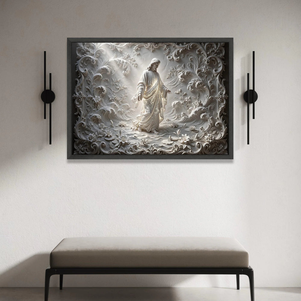 Divine Christ Figure Canvas, Sacred Religious Wall Art, Ornate Floral Scrollwork Design, Spiritual Home Decoration, Ready Canvas Print Art