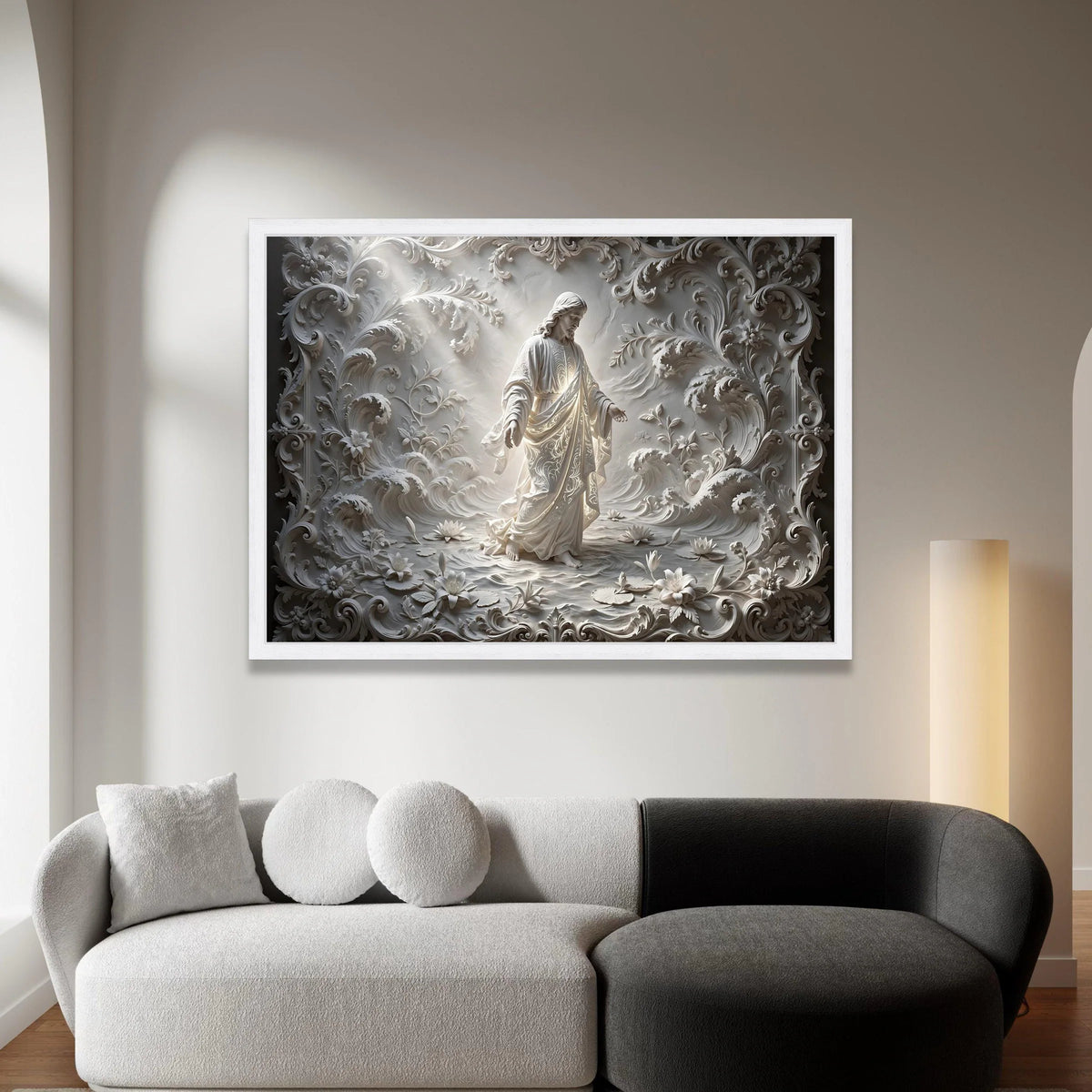 Divine Christ Figure Canvas, Sacred Religious Wall Art, Ornate Floral Scrollwork Design, Spiritual Home Decoration, Ready Canvas Print Art