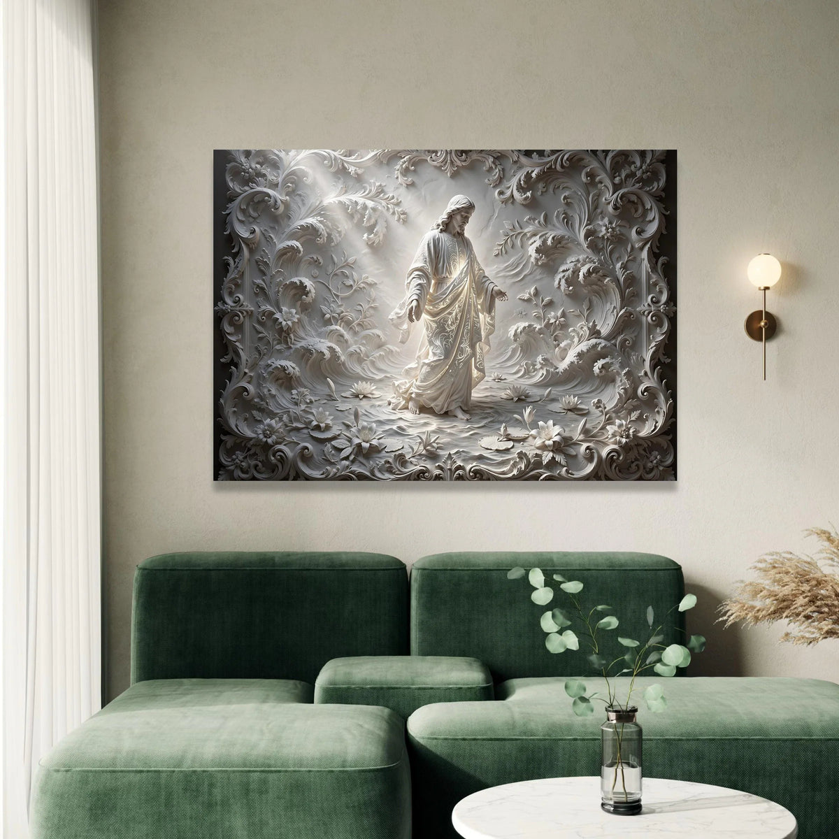 Divine Christ Figure Canvas, Sacred Religious Wall Art, Ornate Floral Scrollwork Design, Spiritual Home Decoration, Ready Canvas Print Art