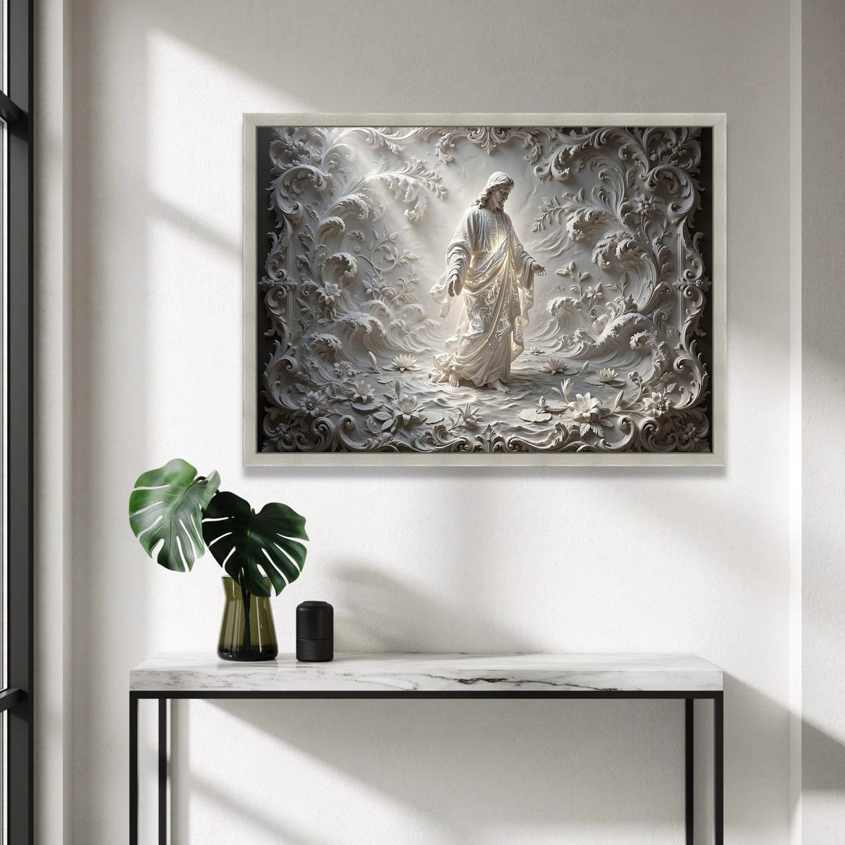 Divine Christ Figure Canvas, Sacred Religious Wall Art, Ornate Floral Scrollwork Design, Spiritual Home Decoration, Ready Canvas Print Art