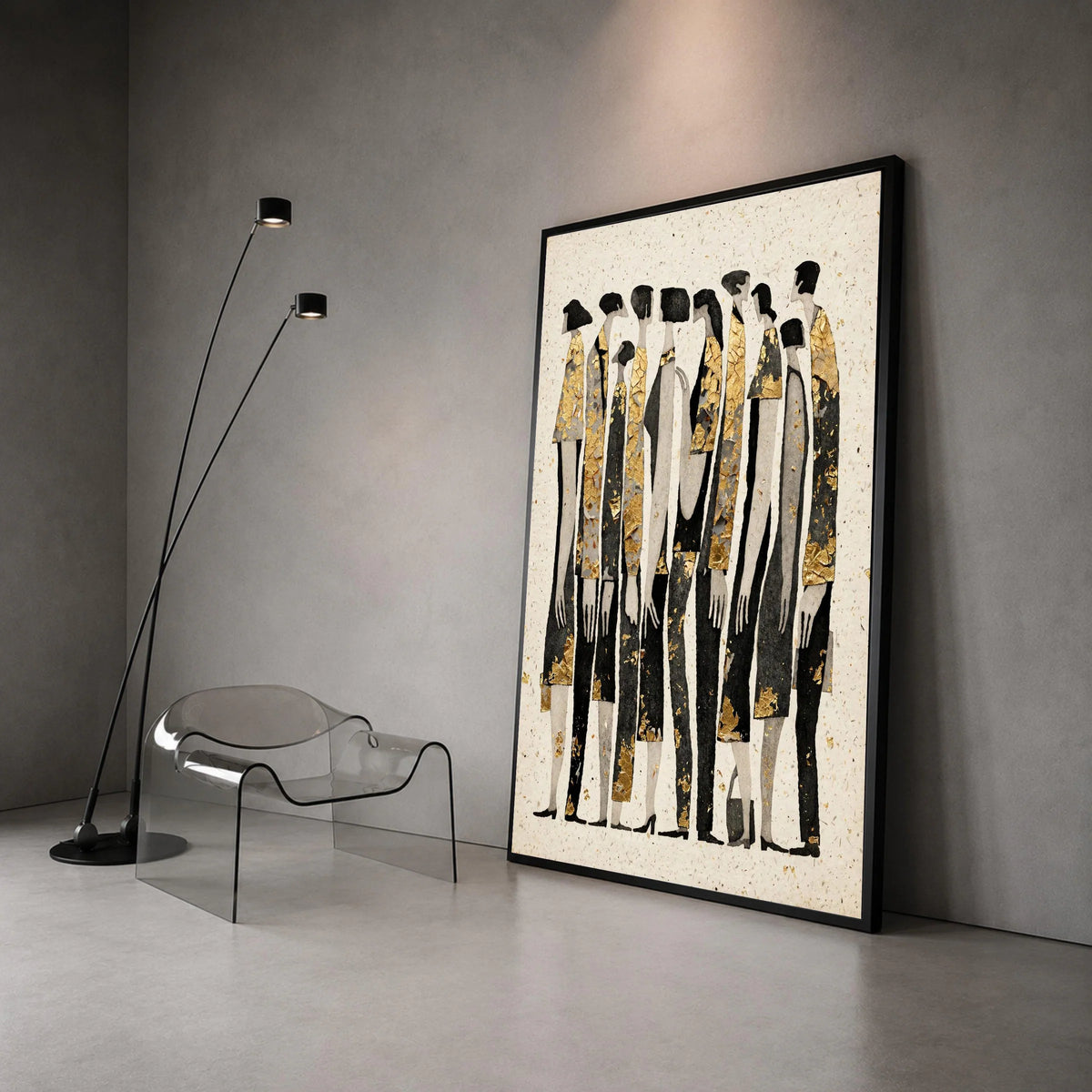 Abstract Crowd Silhouettes Canvas Wall Art, Modern People Group Painting, Black and Gold Figures, Contemporary Home Canvas Print Art