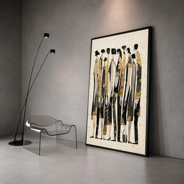 Abstract Crowd Silhouettes Canvas Wall Art, Modern People Group Painting, Black and Gold Figures, Contemporary Home Canvas Print Art