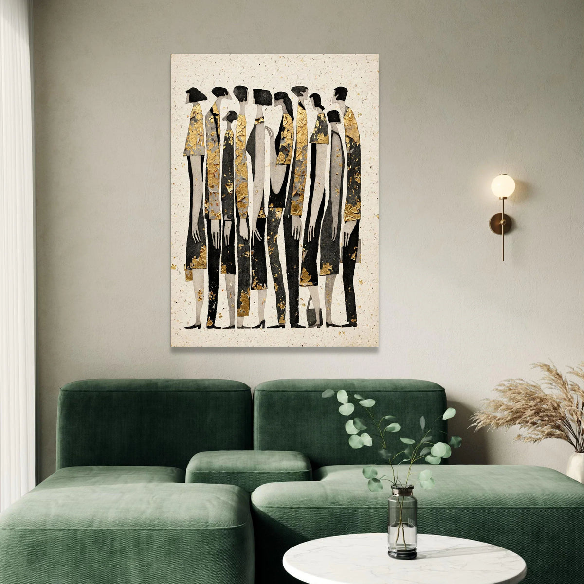Abstract Crowd Silhouettes Canvas Wall Art, Modern People Group Painting, Black and Gold Figures, Contemporary Home Canvas Print Art