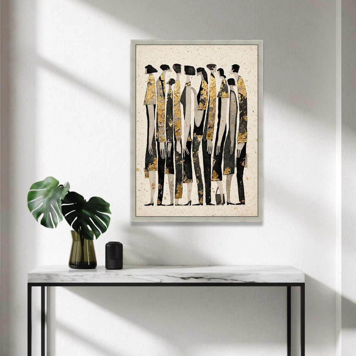Abstract Crowd Silhouettes Canvas Wall Art, Modern People Group Painting, Black and Gold Figures, Contemporary Home Canvas Print Art