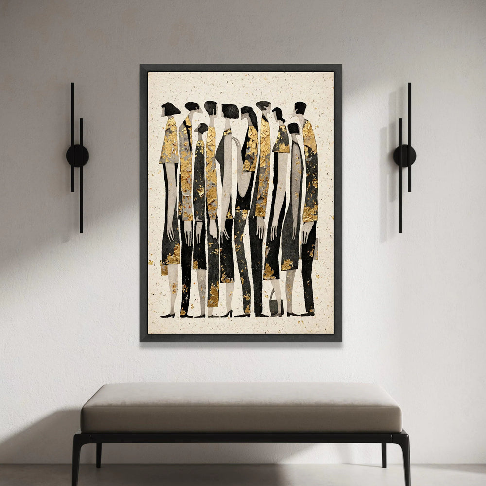 Abstract Crowd Silhouettes Canvas Wall Art, Modern People Group Painting, Black and Gold Figures, Contemporary Home Canvas Print Art
