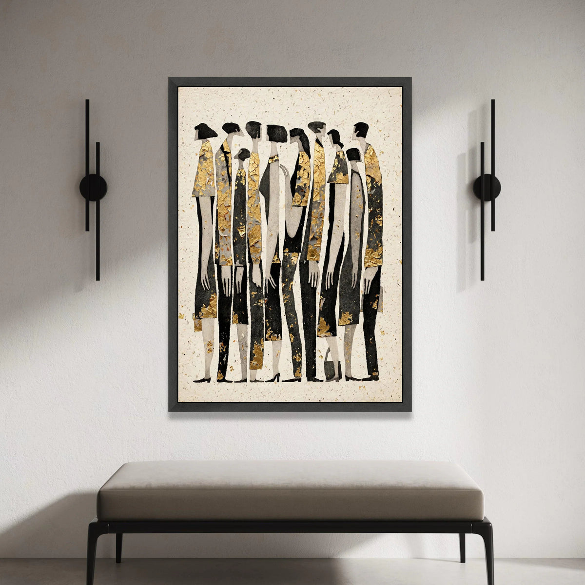 Abstract Crowd Silhouettes Canvas Wall Art, Modern People Group Painting, Black and Gold Figures, Contemporary Home Canvas Print Art