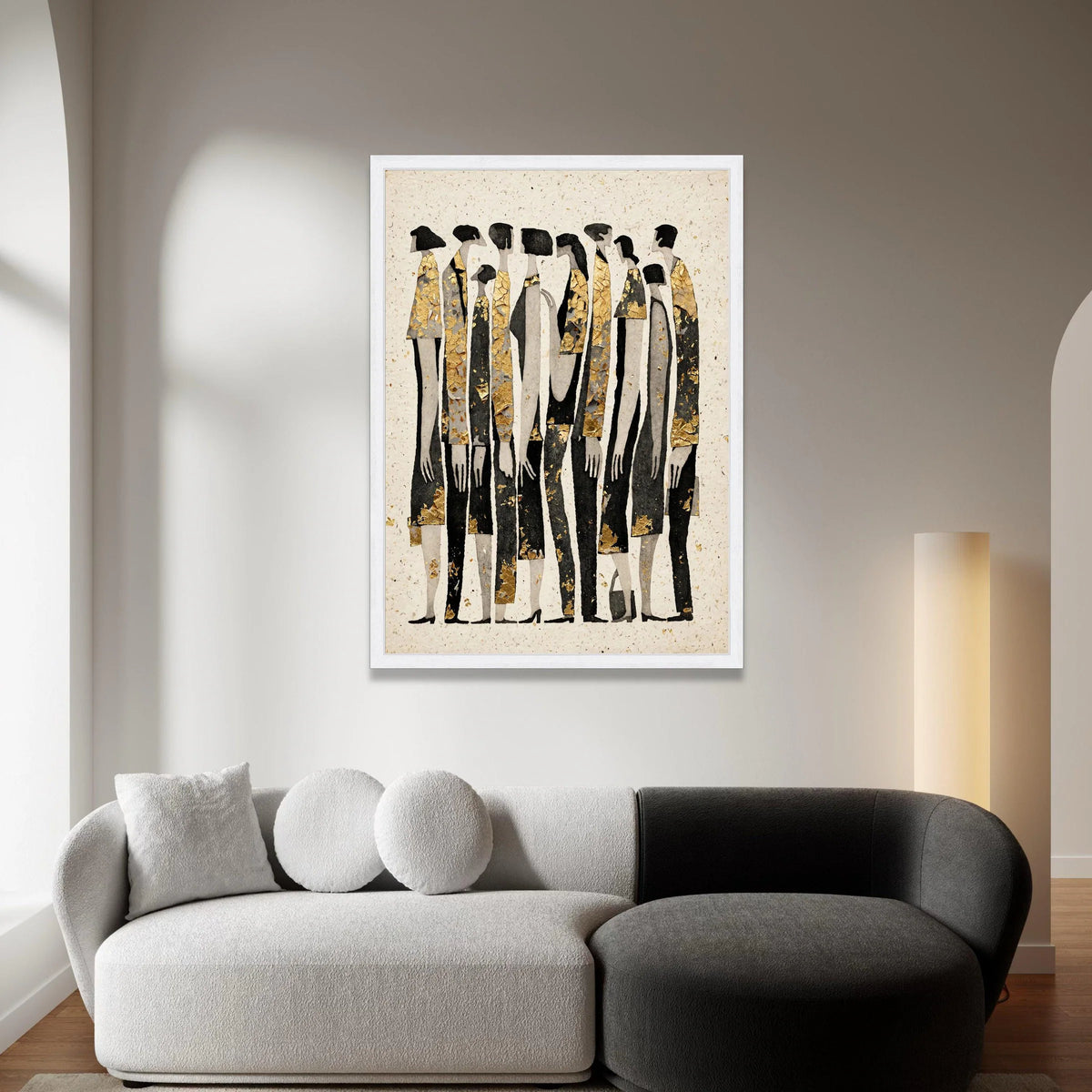 Abstract Crowd Silhouettes Canvas Wall Art, Modern People Group Painting, Black and Gold Figures, Contemporary Home Canvas Print Art