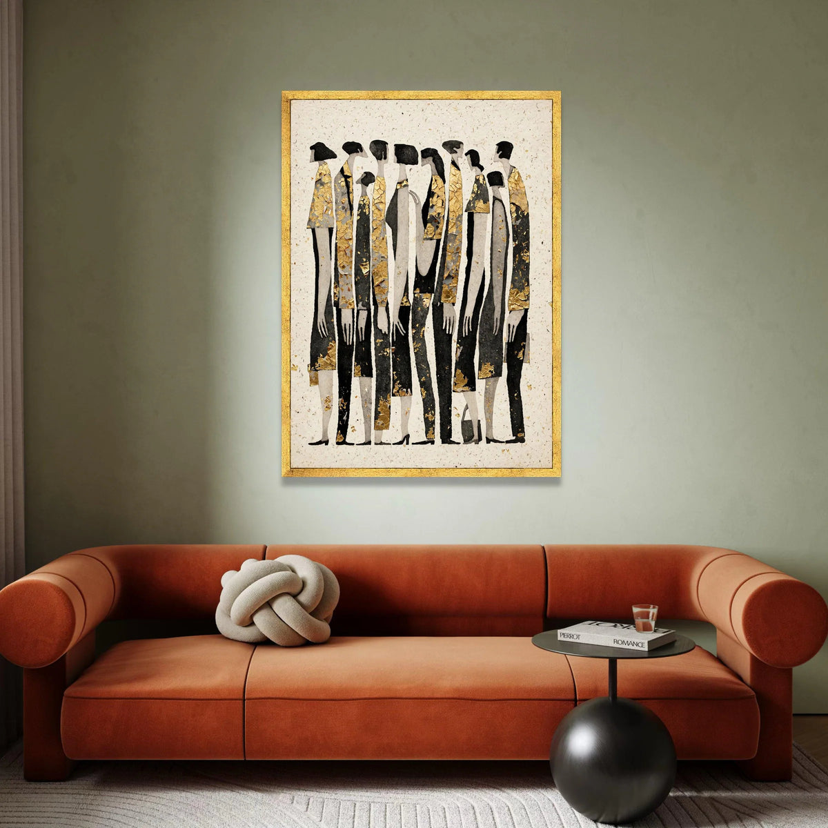 Abstract Crowd Silhouettes Canvas Wall Art, Modern People Group Painting, Black and Gold Figures, Contemporary Home Canvas Print Art