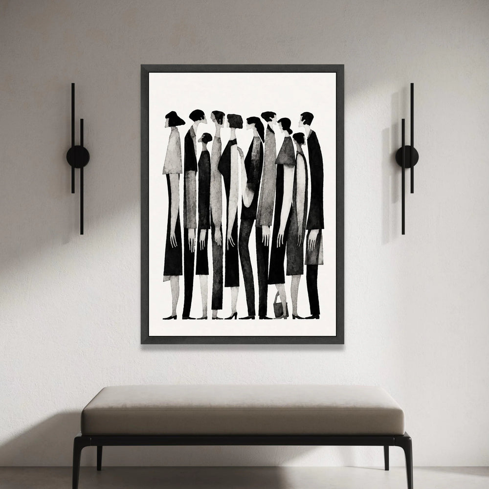 Black and White Figures Group Canvas, Abstract People Wall Art, Minimalist Home Decoration, Monochrome Silhouette Canvas, Canvas Print Art