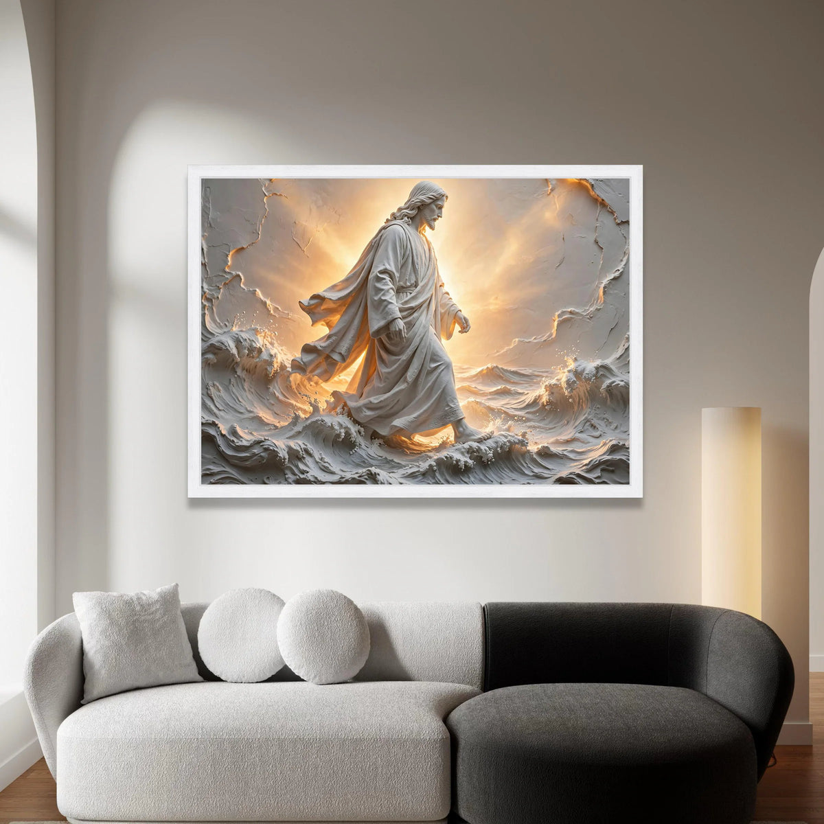 Divine Walking on Water Canvas, Jesus Christ Sculpture Art, Spiritual Wall Decor, Inspirational Christian Canvas, Light and Canvas Print Art