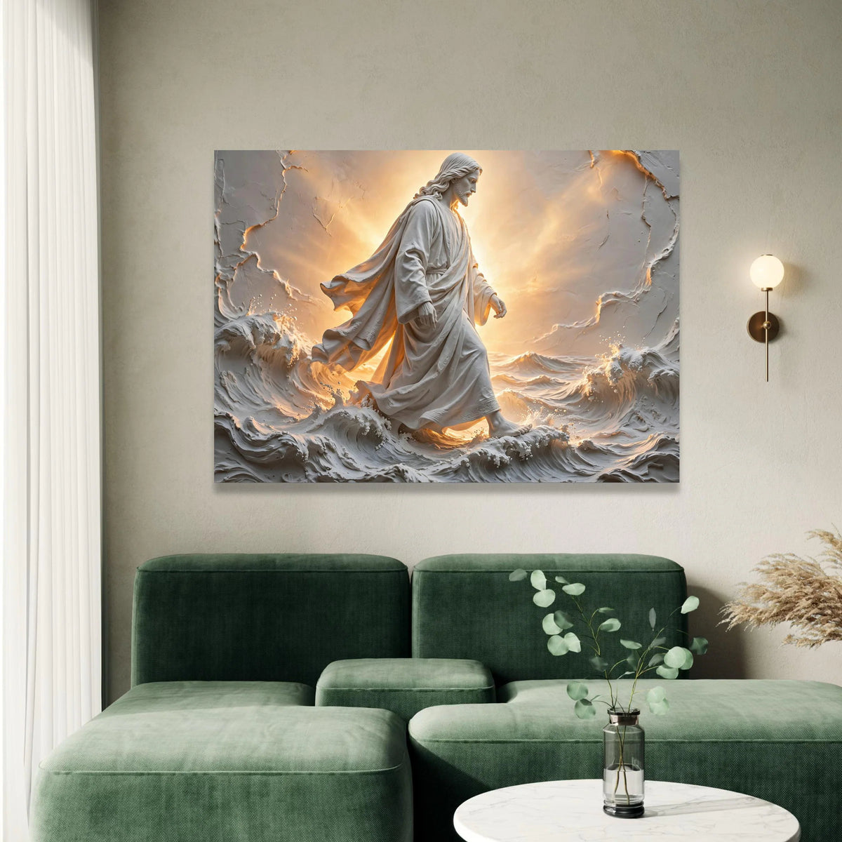 Divine Walking on Water Canvas, Jesus Christ Sculpture Art, Spiritual Wall Decor, Inspirational Christian Canvas, Light and Canvas Print Art