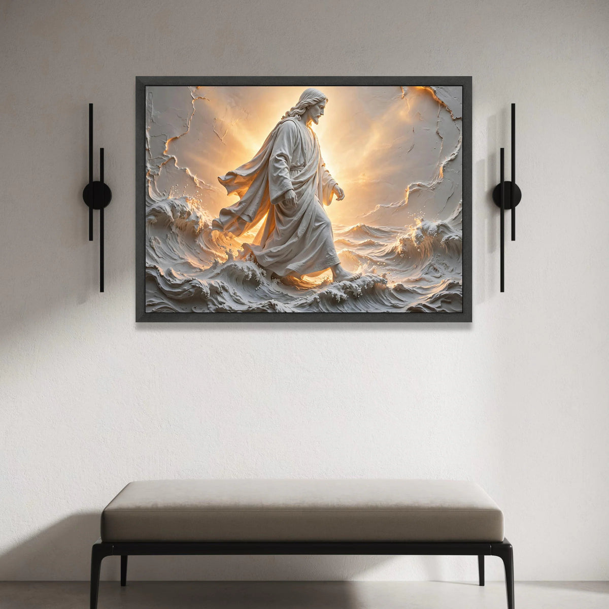 Divine Walking on Water Canvas, Jesus Christ Sculpture Art, Spiritual Wall Decor, Inspirational Christian Canvas, Light and Canvas Print Art