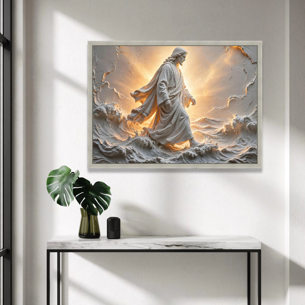 Divine Walking on Water Canvas, Jesus Christ Sculpture Art, Spiritual Wall Decor, Inspirational Christian Canvas, Light and Canvas Print Art