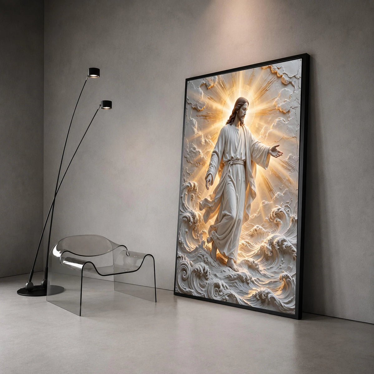 Divine Jesus Walking on Water Canvas, Radiant Halo Religious Wall Art, Spiritual Christian Home Decoration, Inspirational Canvas Print Art