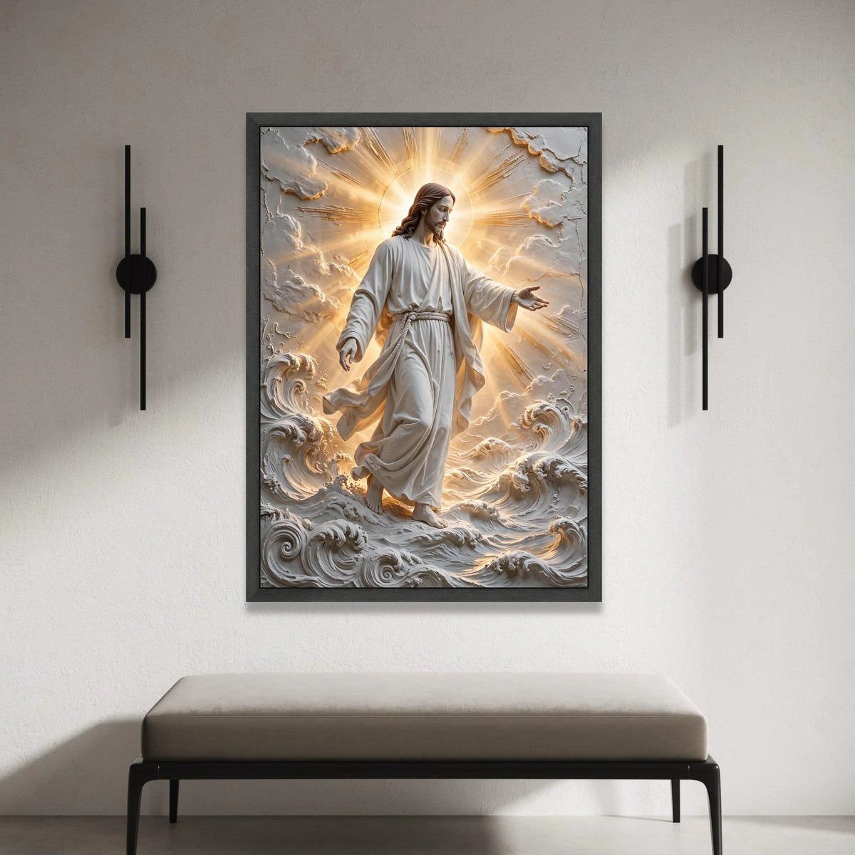 Divine Jesus Walking on Water Canvas, Radiant Halo Religious Wall Art, Spiritual Christian Home Decoration, Inspirational Canvas Print Art
