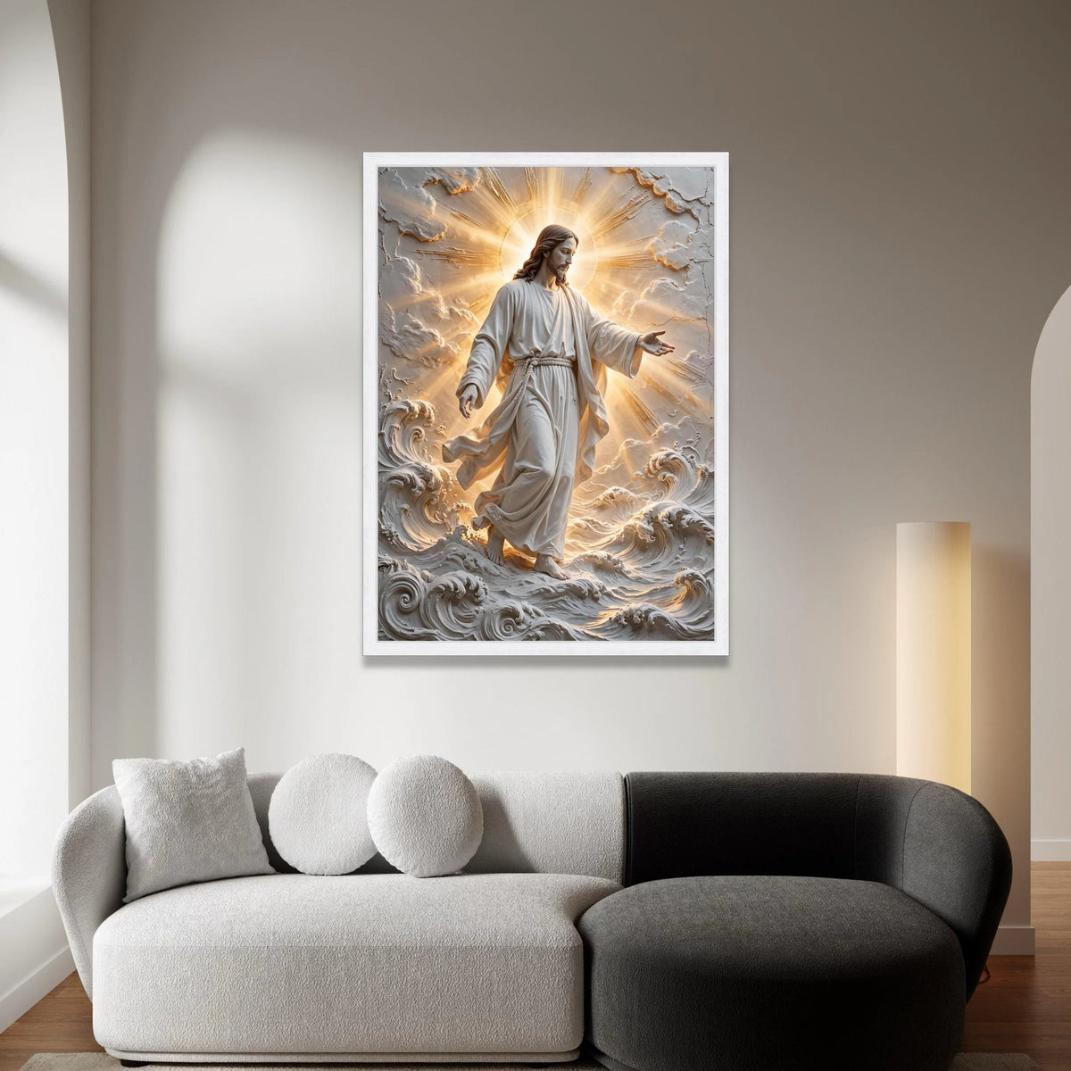 Divine Jesus Walking on Water Canvas, Radiant Halo Religious Wall Art, Spiritual Christian Home Decoration, Inspirational Canvas Print Art