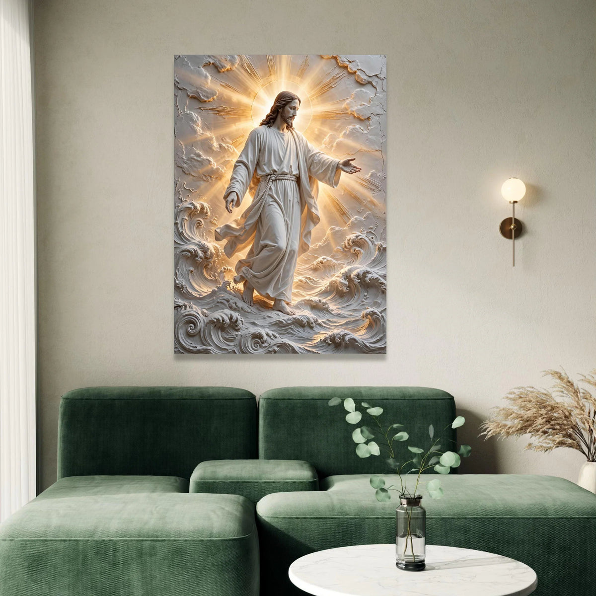 Divine Jesus Walking on Water Canvas, Radiant Halo Religious Wall Art, Spiritual Christian Home Decoration, Inspirational Canvas Print Art
