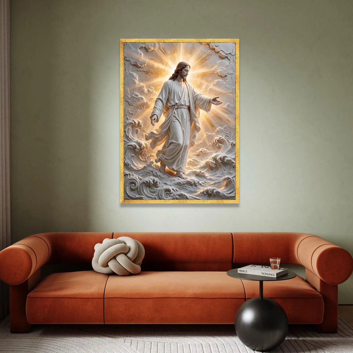 Divine Jesus Walking on Water Canvas, Radiant Halo Religious Wall Art, Spiritual Christian Home Decoration, Inspirational Canvas Print Art